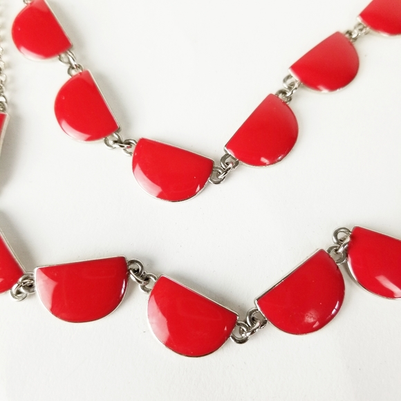 Retro Red Enamel & Silver Tone Necklace & Earrings - Picture 9 of 14
